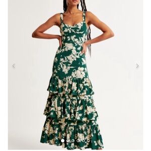 Abercrombie & Fitch Green and White Tiered Ruffled Maxi Dress